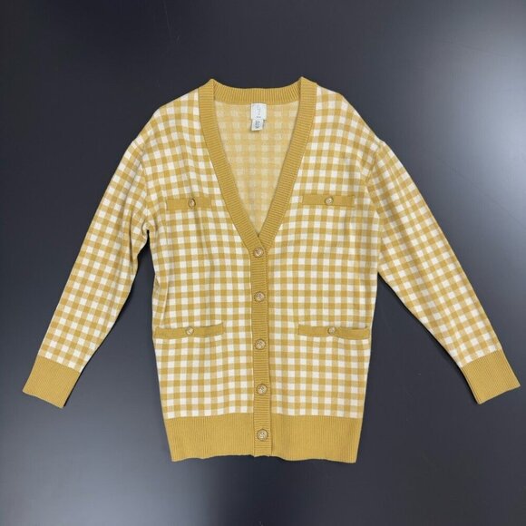 NWOT Joie Boyfriend Oversized Gingham Check Cardigan Yellow‎ Cream Plaid Sweater - Picture 3 of 10